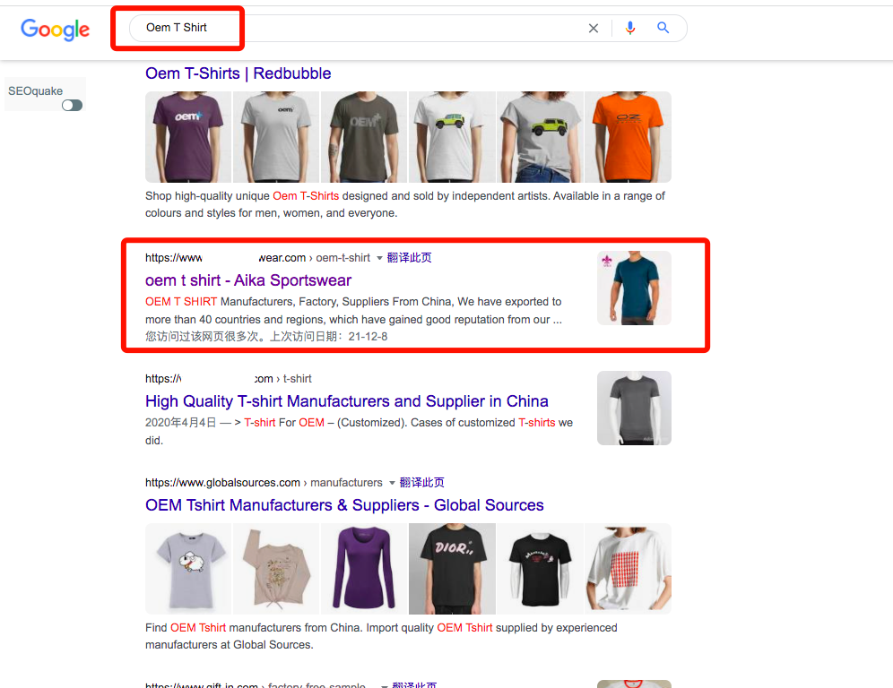 谷歌搜索“Oem T Shirt”排名首页截图